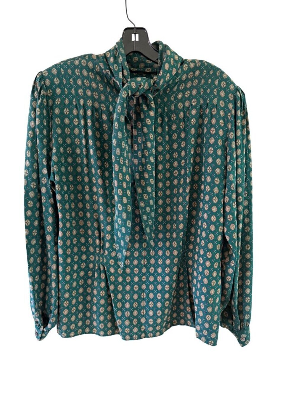 Silk Crepe Womens Button Front Tie Neck Printed Blouse Size L/XL Green Vintage